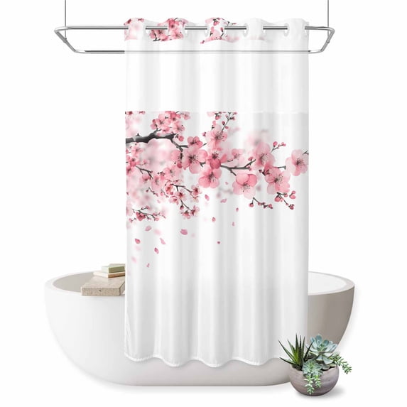 No Hook Shower Curtain with Built-in Rings - Pink Floral Cherry Blossom Washable Waterproof Fabric Bathroom Curtains for Hotel,Rentals, Stall 36 X 78 Inch , Spring Flower White