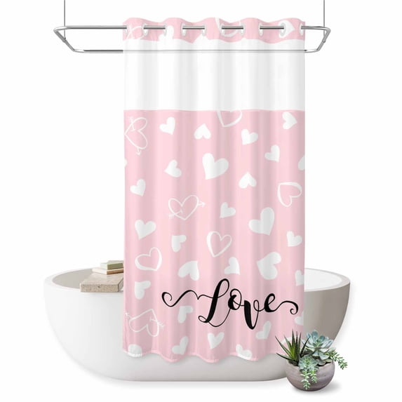 No Hook Shower Curtain with Built-in Rings - Pink Valentine's Day Washable Waterproof Fabric Bathroom Curtains for Hotel,Rentals, Stall 54 X 78 Inch , Valentines Love Heart