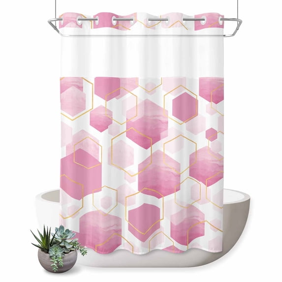 No Hook Shower Curtain with Built-in Rings - Pink White Gold Geometric Washable Waterproof Fabric Bathroom Curtains for Hotel,Rentals, Stall 48 X 72 Inch , Modern Abstract Hexagon Pattern