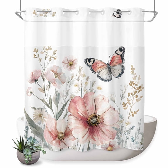 No Hook Shower Curtain with Built-in Rings - Pink Wildflower Butterfly Washable Waterproof Fabric Bathroom Curtains for Hotel,Rentals, 66 X 72 Inch Long , Rustic Watercolor Flowers