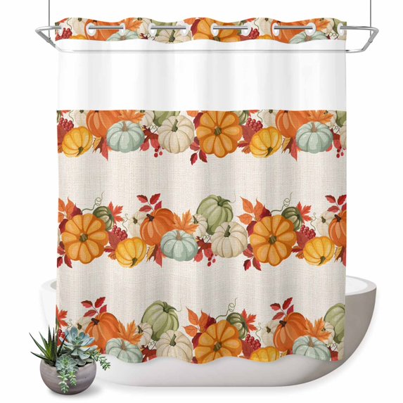 No Hook Shower Curtain with Built-in Rings - Pumpkins Fall Thanksgiving Washable Waterproof Fabric Bathroom Curtains for Hotel,Rentals, 72 X 72 Inch Long , Farmhouse Autumn Leaves Floral