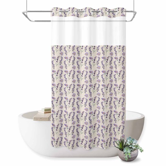 No Hook Shower Curtain with Built-in Rings - Purple Flowers Washable Waterproof Fabric Bathroom Curtains for Hotel,Rentals, Stall 36 X 72 Inch Floral Field