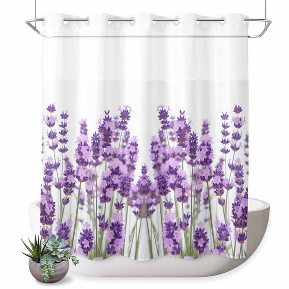 No Hook Shower Curtain with Built-in Rings - Purple Lavender Floral Washable Waterproof Fabric Bathroom Curtains for Hotel,Rentals, 66 X 72 Inch Long , Rustic Plants
