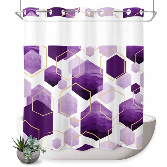 No Hook Shower Curtain with Built-in Rings - Purple White Gold Geometric Washable Waterproof Fabric Bathroom Curtains for Hotel,Rentals, 72 X 72 Inch Long , Modern Abstract Hexagon Pattern