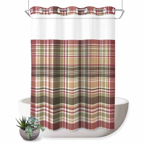 No Hook Shower Curtain with Built-in Rings - Red Brown Plaid Washable Waterproof Fabric Bathroom Curtains for Hotel,Rentals, 60 X 72 Inch Long , Country Farmhouse Checkered