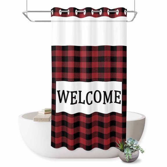 No Hook Shower Curtain with Built-in Rings - Red Buffalo Check Plaid Washable Waterproof Fabric Bathroom Curtains for Hotel,Rentals, Stall 36 X 72 Inch Welcome