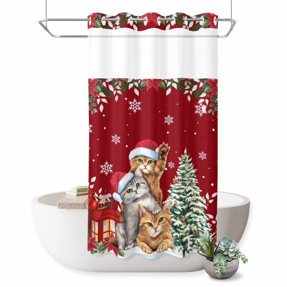 No Hook Shower Curtain with Built-in Rings - Red Christmas Cats Washable Waterproof Fabric Bathroom Curtains for Hotel,Rentals, Stall 36 X 72 Inch , Winter Floral Xmas Trees