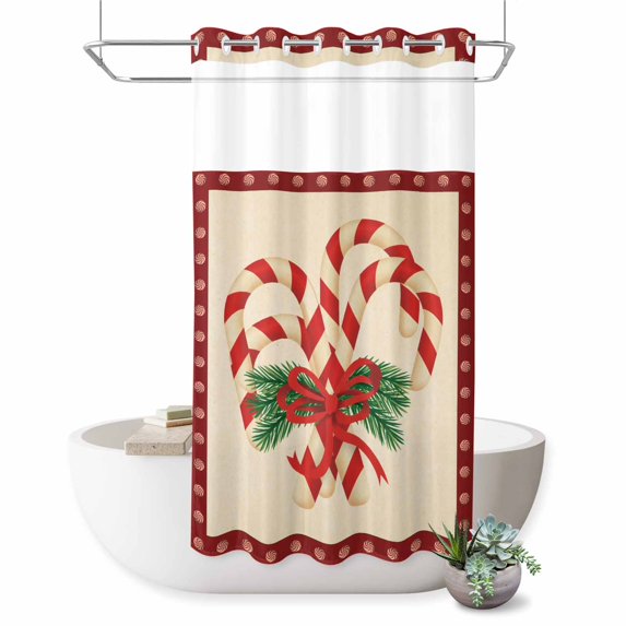 No Hook Shower Curtain with Built-in Rings - Red Christmas Pattern Washable Waterproof Fabric Bathroom Curtains for Hotel,Rentals, Stall 54 X 78 Inch , Candy Cane Bow Pine Branch