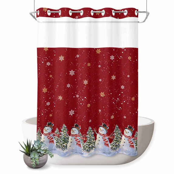 No Hook Shower Curtain with Built-in Rings - Red Christmas Snowman Washable Waterproof Fabric Bathroom Curtains for Hotel,Rentals, Stall 48 X 72 Inch , Xmas Tree Gold White Snowflake