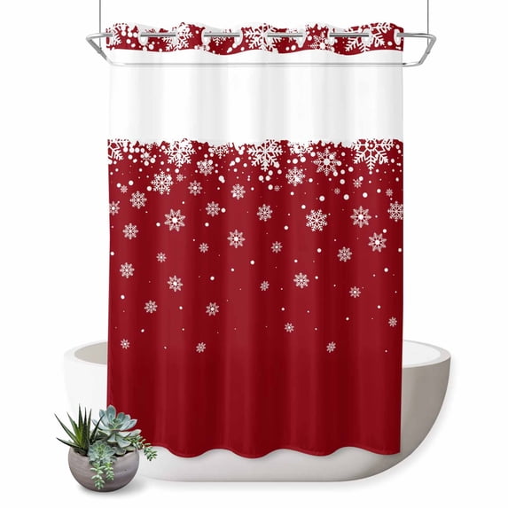 No Hook Shower Curtain with Built-in Rings - Red Christmas Washable Waterproof Fabric Bathroom Curtains for Hotel,Rentals, 60 X 72 Inch Long , Winter Falling White Snowflakes