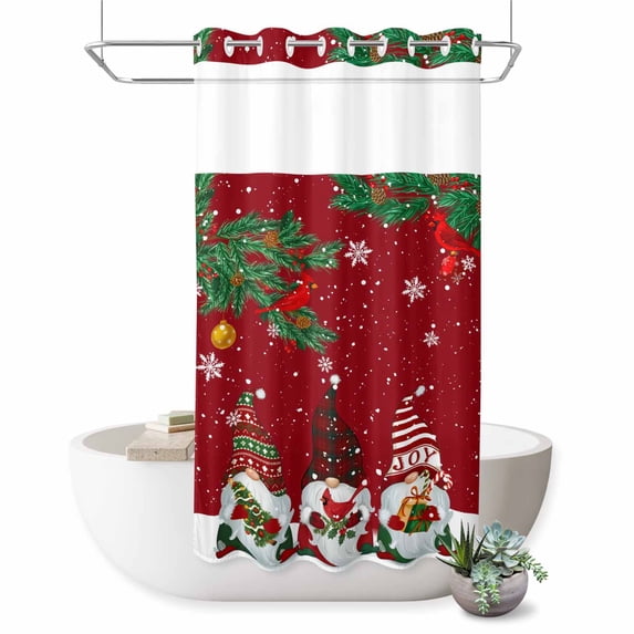 No Hook Shower Curtain with Built-in Rings - Red Gnomes Christmas Washable Waterproof Fabric Bathroom Curtains for Hotel,Rentals, Stall 36 X 72 Inch , Winter Cardinal Snowflake Pine Tree