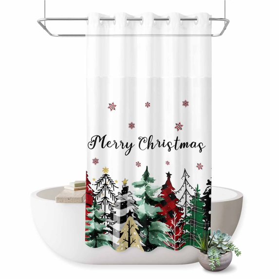 No Hook Shower Curtain with Built-in Rings - Red Green Plaid Christmas Tree Washable Waterproof Fabric Bathroom Curtains for Hotel,Rentals, Stall 36 X 78 Inch , White Winter