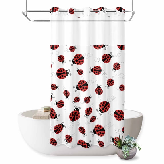 No Hook Shower Curtain with Built-in Rings - Red Ladybug Washable Waterproof Fabric Bathroom Curtains for Hotel,Rentals, Stall 54 X 78 Inch , Red Black Polka Dot
