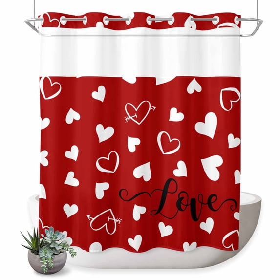 No Hook Shower Curtain with Built-in Rings - Red Valentine's Day Washable Waterproof Fabric Bathroom Curtains for Hotel,Rentals, 66 X 72 Inch Long , Valentines Love Heart