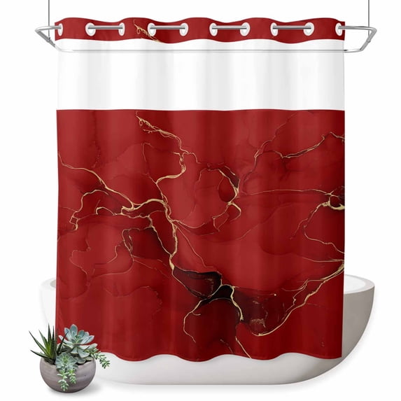 No Hook Shower Curtain with Built-in Rings - Red WatercolorTextured Washable Waterproof Fabric Bathroom Curtains for Hotel,Rentals, 66 X 72 Inch Long , Abstract Gold Fluid Line Minimalist