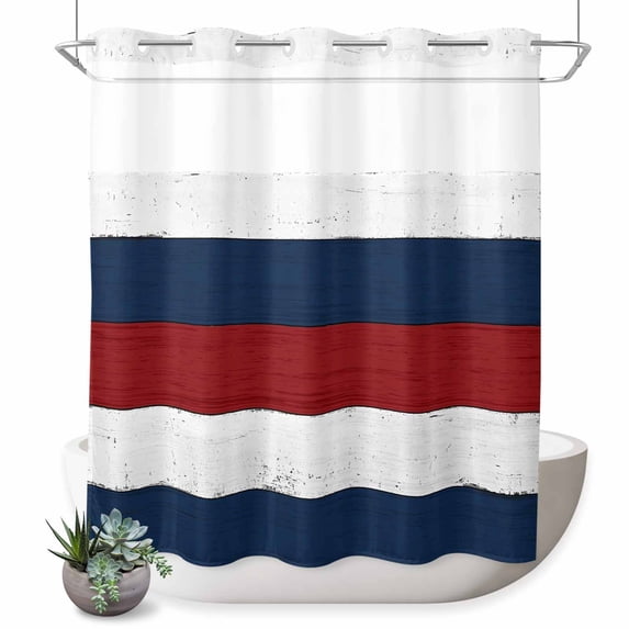 No Hook Shower Curtain with Built-in Rings - Red White and Blue Wood Txtured Washable Waterproof Fabric Bathroom Curtains for Hotel,Rentals, 66 X 72 Inch Long , Farmhouse Barn Wood