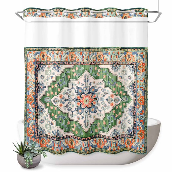 No Hook Shower Curtain with Built-in Rings - Retro Boho Washable Waterproof Fabric Bathroom Curtains for Hotel,Rentals, 72 X 78 Inch Long , Aztec Southwest Tribal Floral Pattern Green Orange