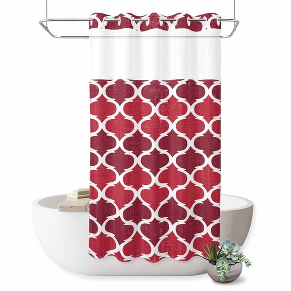 No Hook Shower Curtain with Built-in Rings - Retro Moroccan Design Washable Waterproof Fabric Bathroom Curtains for Hotel,Rentals, Stall 36 X 72 Inch Red Geometric Pattern