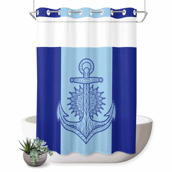 No Hook Shower Curtain with Built-in Rings - Retro Nautical Washable Waterproof Fabric Bathroom Curtains for Hotel,Rentals, Stall 48 X 72 Inch , Anchor Pattern Navy Sky Blue