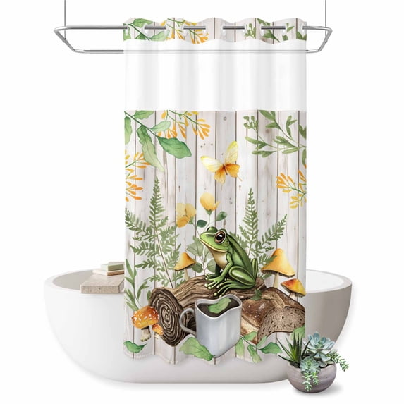 No Hook Shower Curtain with Built-in Rings - Retro Tropical Washable Waterproof Fabric Bathroom Curtains for Hotel,Rentals, Stall 36 X 72 Inch , Frog Coffee Mushroom Plant Green