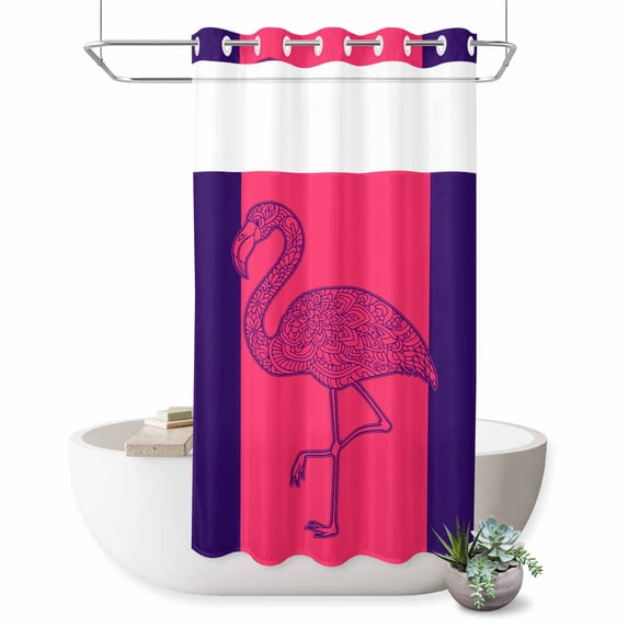 No Hook Shower Curtain with Built-in Rings - Retro Washable Waterproof Fabric Bathroom Curtains for Hotel,Rentals, Stall 36 X 78 Inch , Flamingo Pattern Dark Pink Midnight Blue
