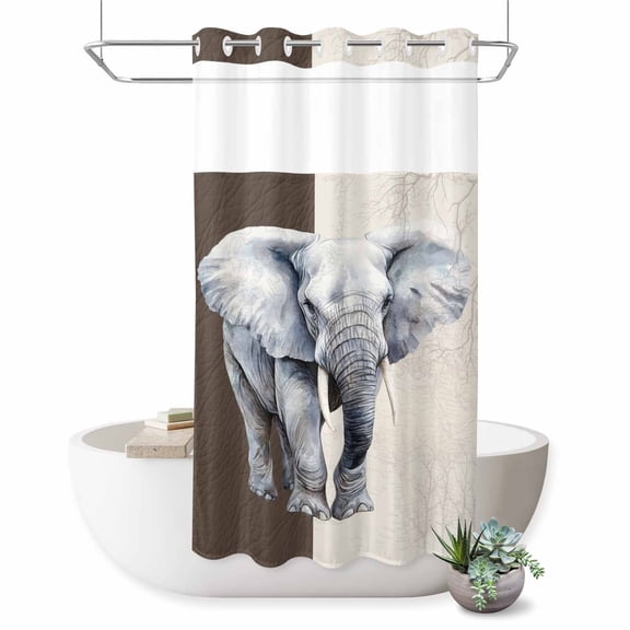 No Hook Shower Curtain with Built-in Rings - Retro Watercolor Washable Waterproof Fabric Bathroom Curtains for Hotel,Rentals, Stall 36 X 72 Inch , Elephant Ivory Texture Gray Brown