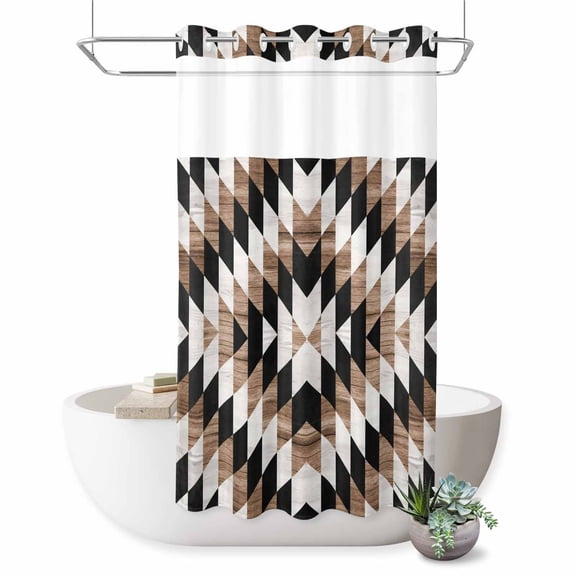 No Hook Shower Curtain with Built-in Rings - Rustic Boho Washable Waterproof Fabric Bathroom Curtains for Hotel,Rentals, Stall 36 X 72 Inch , Southwestern Aztec Tribal Wood Texture Brown