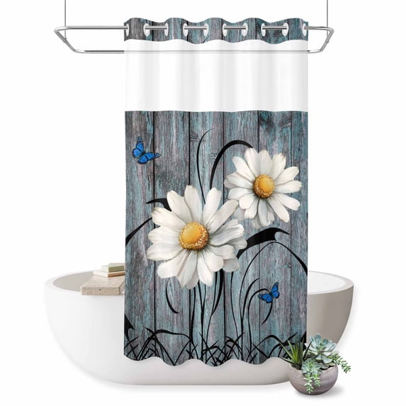 No Hook Shower Curtain with Built-in Rings - Rustic Daisy Washable Waterproof Fabric Bathroom Curtains for Hotel,Rentals, Stall 36 X 78 Inch , Turquise Wood Textured