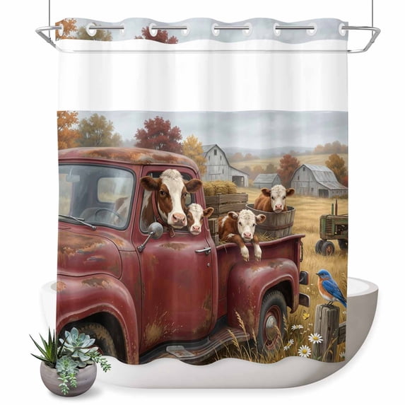 No Hook Shower Curtain with Built-in Rings - Rustic Farmhouse Themed Washable Waterproof Fabric Bathroom Curtains for Hotel,Rentals, 66 X 72 Inch Long ,