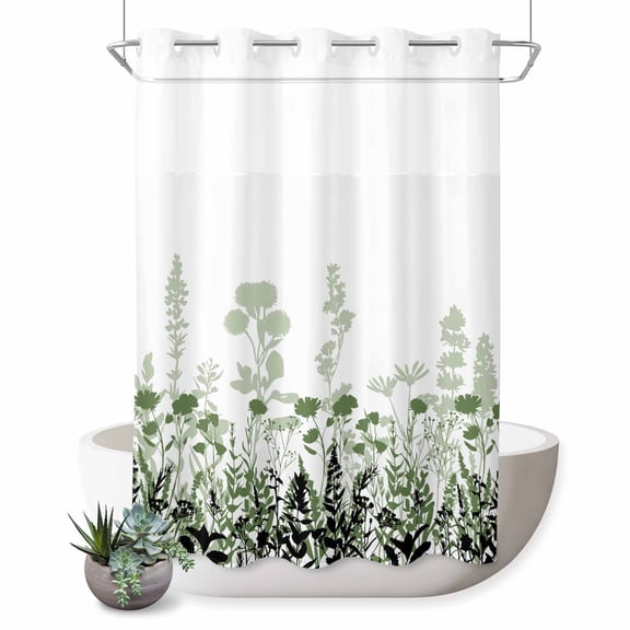 No Hook Shower Curtain with Built-in Rings - Rustic Field Washable Waterproof Fabric Bathroom Curtains for Hotel,Rentals, 72 X 84 Inch Extra Long , Silhouette Flower Herb Sage Green