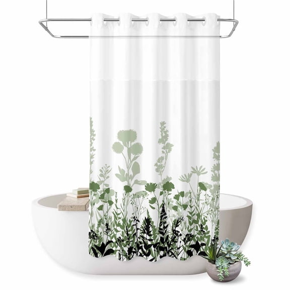 No Hook Shower Curtain with Built-in Rings - Rustic Field Washable Waterproof Fabric Bathroom Curtains for Hotel,Rentals, Stall 36 X 72 Inch , Silhouette Flower Herb Sage Green