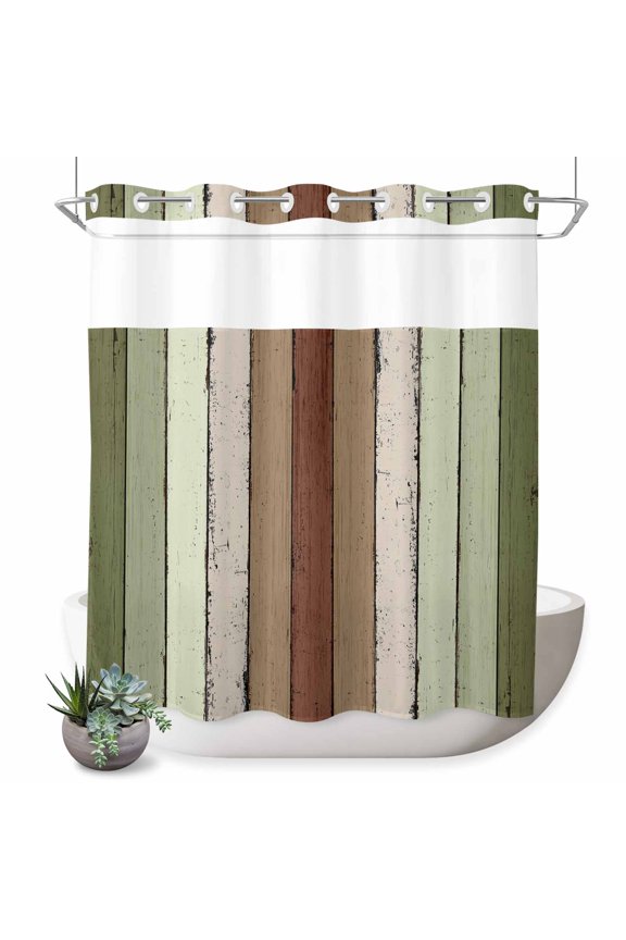 No Hook Shower Curtain with Built-in Rings - Sage Green Farmhouse Striped Washable Waterproof Fabric Bathroom Curtains for Hotel,Rentals, 72 X 72 Inch Long , Vintage Wood Texture Mottled