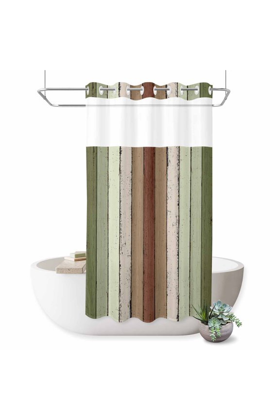 No Hook Shower Curtain with Built-in Rings - Sage Green Farmhouse Striped Washable Waterproof Fabric Bathroom Curtains for Hotel,Rentals, Stall 36 X 78 Inch , Vintage Wood Texture Mottled