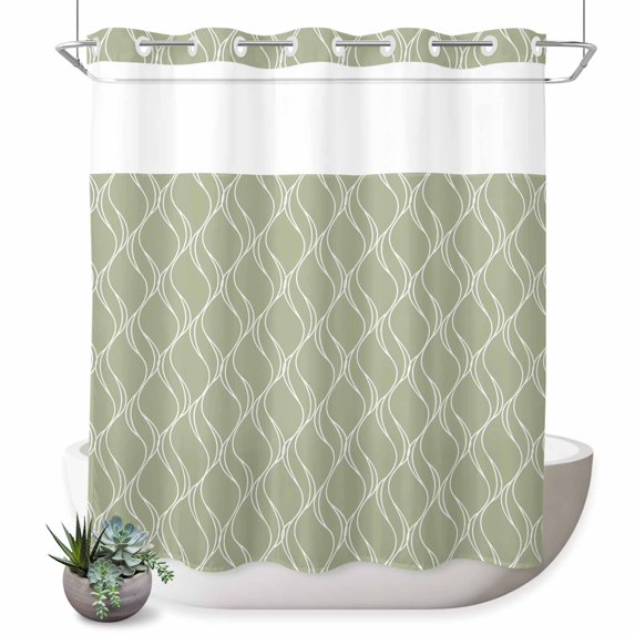 No Hook Shower Curtain with Built-in Rings - Sage Green Waves Striped Washable Waterproof Fabric Bathroom Curtains for Hotel,Rentals, 72 X 78 Inch Long , Abstract White Geometric Lines