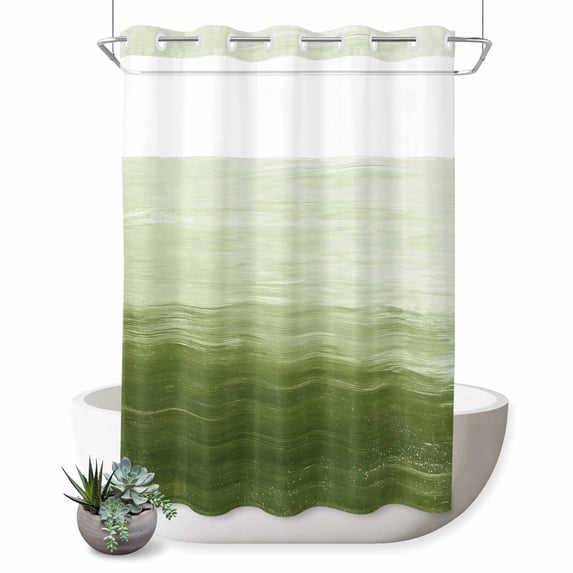 No Hook Shower Curtain with Built-in Rings - Sage Green White Brush Stroke Textured Washable Waterproof Fabric Bathroom Curtains for Hotel,Rentals, 72 X 84 Inch Extra Long , Abstract Modern