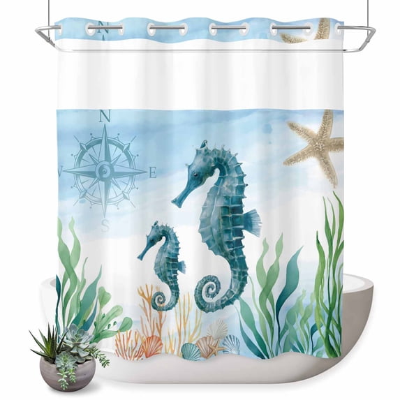 No Hook Shower Curtain with Built-in Rings - Sea Hippocampus Compass Washable Waterproof Fabric Bathroom Curtains for Hotel,Rentals, 72 X 78 Inch Long , Bule Sea Starfish Shell