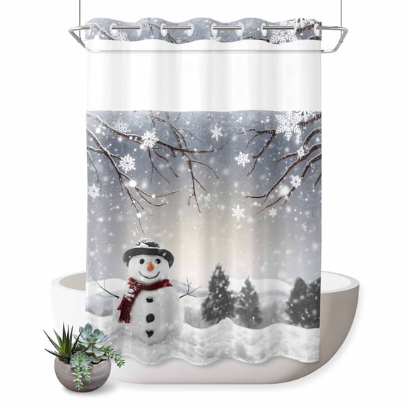 No Hook Shower Curtain with Built-in Rings - Snowman Christmas Washable Waterproof Fabric Bathroom Curtains for Hotel,Rentals, 72X 96 Inch Extra Long , Gray Winter Snow Scenery