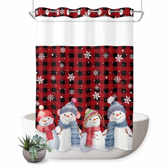 No Hook Shower Curtain with Built-in Rings - Snowman Friends Christmas Washable Waterproof Fabric Bathroom Curtains for Hotel,Rentals, 72 X 84 Inch Extra Long , Red Black Check Plaid Snowfalke