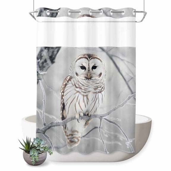 No Hook Shower Curtain with Built-in Rings - Snowy Owl Washable Waterproof Fabric Bathroom Curtains for Hotel,Rentals, Stall 48 X 72 Inch , Winter Polar Owl