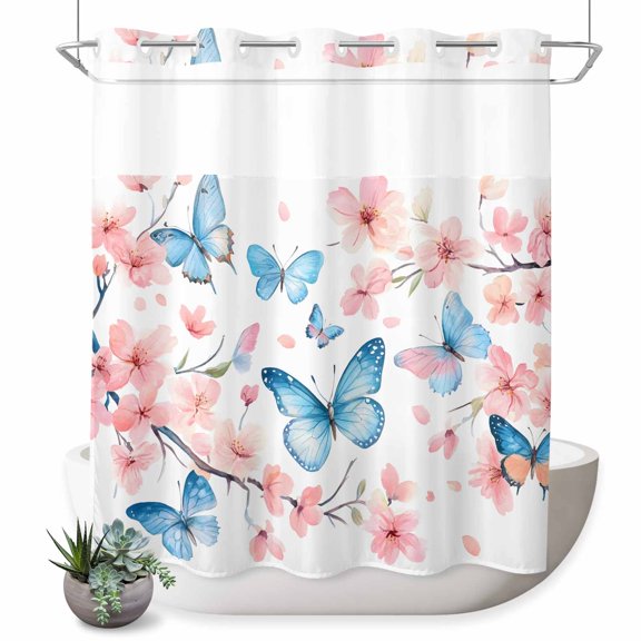 No Hook Shower Curtain with Built-in Rings - Spring Floral Washable Waterproof Fabric Bathroom Curtains for Hotel,Rentals, 72 X 72 Inch Long Watercolor Flowers Blue Butterfly