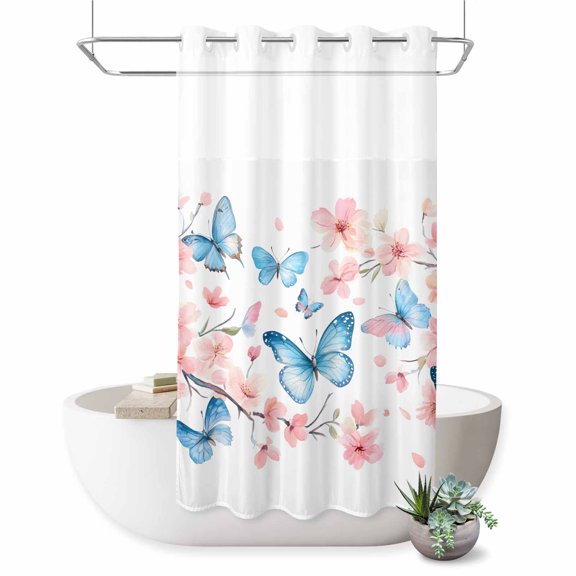 No Hook Shower Curtain with Built-in Rings - Spring Floral Washable Waterproof Fabric Bathroom Curtains for Hotel,Rentals, Stall 36 X 72 Inch Watercolor Flowers Blue Butterfly
