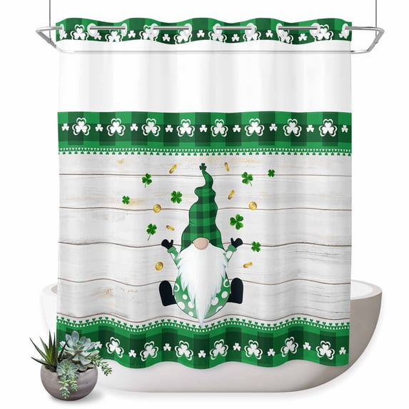 No Hook Shower Curtain with Built-in Rings - St. Patrick's Day Gnomes Clover Washable Waterproof Fabric Bathroom Curtains for Hotel,Rentals, 66 X 72 Inch Long ,Green Buffalo Check Plaid Clover