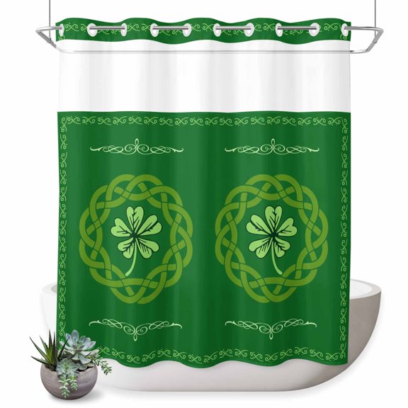 No Hook Shower Curtain with Built-in Rings - St. Patrick's Day Washable Waterproof Fabric Bathroom Curtains for Hotel,Rentals, 72 X 72 Inch Long , Celtic Knots Four Leaf Clovers Green