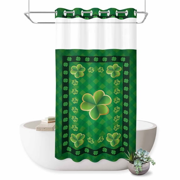 No Hook Shower Curtain with Built-in Rings - St. Patrick's Day Washable Waterproof Fabric Bathroom Curtains for Hotel,Rentals, Stall 54 X 78 Inch , Green Plaid Clo-ver Pattern