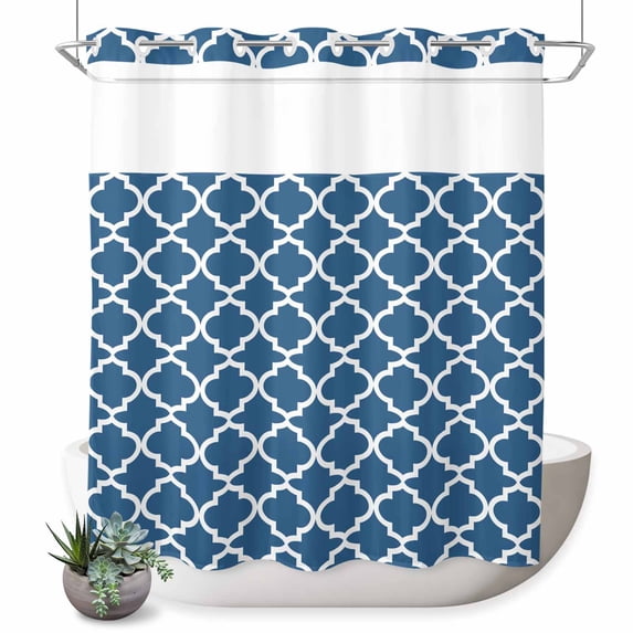 No Hook Shower Curtain with Built-in Rings - Steel Blue White Geometric Washable Waterproof Fabric Bathroom Curtains for Hotel,Rentals, 72 X 72 Inch Long , Minimalist Morocco Pattern