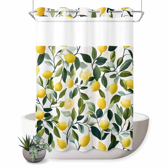 No Hook Shower Curtain with Built-in Rings - Summer Yellow Lemons Washable Waterproof Fabric Bathroom Curtains for Hotel,Rentals, 72X 96 Inch Extra Long , Green Leaves Tropical Print