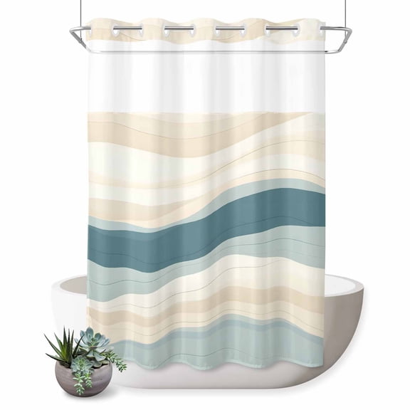 No Hook Shower Curtain with Built-in Rings - Teal Beige Wave Striped Washable Waterproof Fabric Bathroom Curtains for Hotel,Rentals, 72X 96 Inch Extra Long , Watercolor Lines
