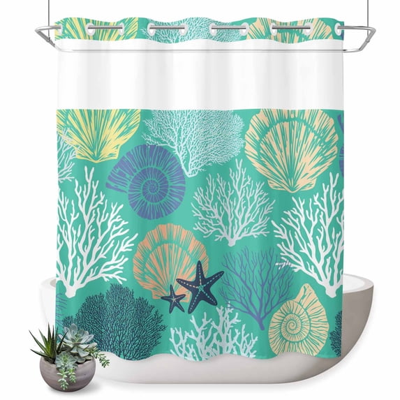 No Hook Shower Curtain with Built-in Rings - Teal Green Blue Coastal Washable Waterproof Fabric Bathroom Curtains for Hotel,Rentals, 72 X 72 Inch Long , Nautical Ocean Coral Starfish Shell