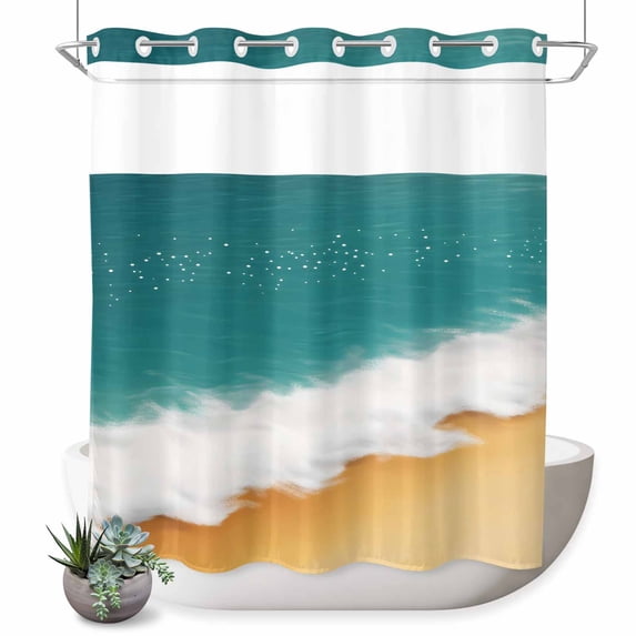 No Hook Shower Curtain with Built-in Rings - Teal Orange Beach Washable Waterproof Fabric Bathroom Curtains for Hotel,Rentals, 66 X 72 Inch Long , Abstract Watercolor Wave