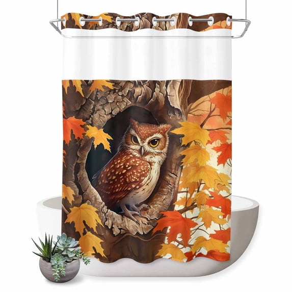 No Hook Shower Curtain with Built-in Rings - Thanksgiving Autumn Washable Waterproof Fabric Bathroom Curtains for Hotel,Rentals, 72 X 84 Inch Extra Long , Red Maple Leaves Owl Fire Orange